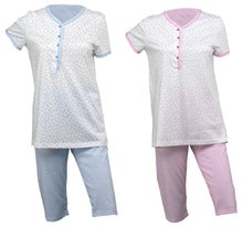 Load image into Gallery viewer, Ladies Jersey Cotton Pyjamas - Floral Top & Checked 3/4 Bottoms (Blue or Pink)