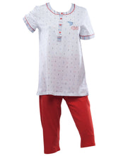 Load image into Gallery viewer, Ladies Pyjamas - Striped Top with Cherry Detail & 3/4 Bottoms (Blue or Red)