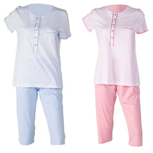 Load image into Gallery viewer, Ladies Jersey Cotton Pyjamas - Striped Top & Plain PJ Bottoms (Blue or Pink)