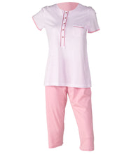 Load image into Gallery viewer, Ladies Jersey Cotton Pyjamas - Striped Top & Plain PJ Bottoms (Blue or Pink)