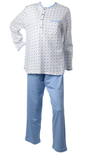 Ladies 100% Cotton Leaf & Polka Dot Pattern Pyjamas Set S - XL (Blue or Pink)