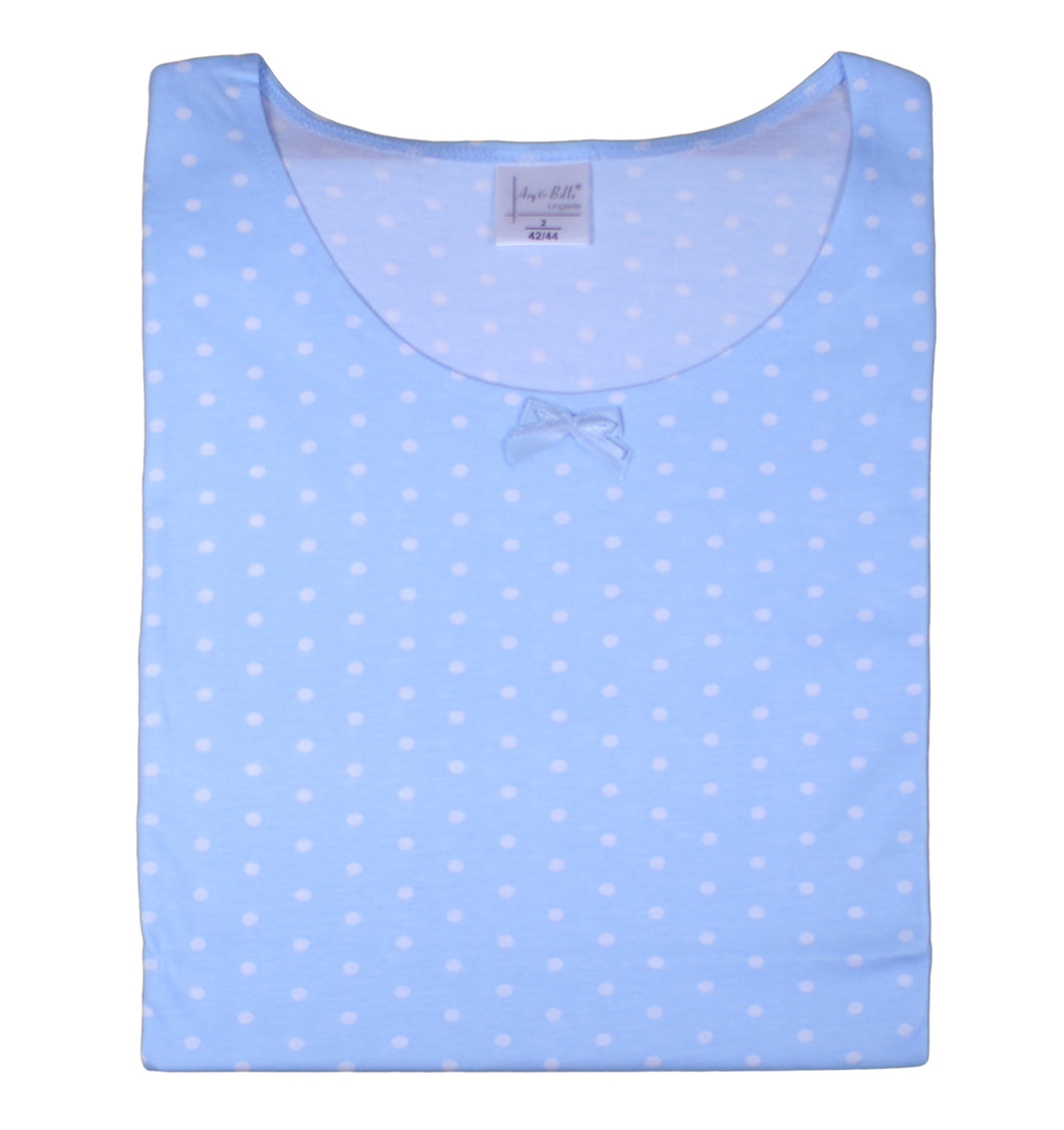 Ladies Jersey Cotton Polka Dot Pyjamas with Frilled Sleeves (Blue or Pink)