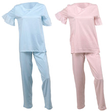 Load image into Gallery viewer, Ladies Jersey Cotton Polka Dot Pyjamas with Frilled Sleeves (Blue or Pink)