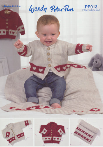 Wendy Peter Pan Baby DK Knitting Pattern - Heart Cardigans & Blanket (PP013)