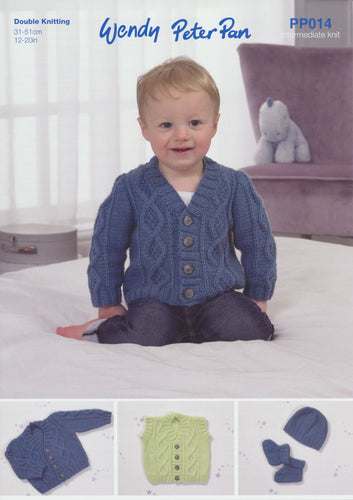 Wendy Peter Pan Baby DK Knitting Pattern - Cardigan Waistcoat & Bootees (PP014)