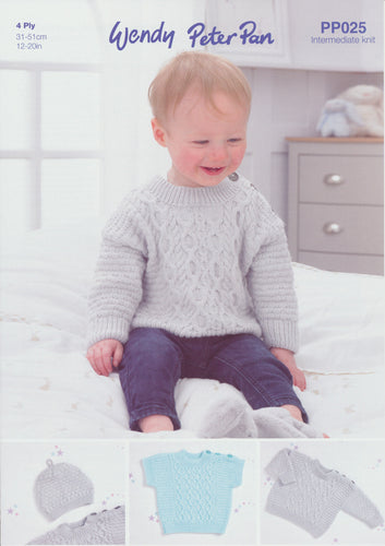 Wendy Peter Pan Baby 4ply Knitting Pattern - Sweater Slipover & Hat (PP025)