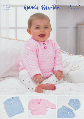 Wendy Peter Pan Baby 4ply Knitting Pattern - Sweater Slipover & Hat (PP027)