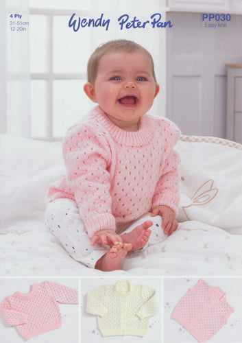 Wendy Peter Pan Baby 4 Ply Knitting Pattern - Cardigan Waistcoat & Sweater (PP030)
