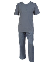 Load image into Gallery viewer, Walker Reid Mens Plain Top & Striped Bottoms Pyjamas Set (Blue or Grey)