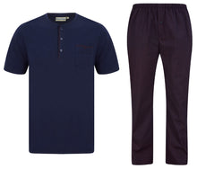 Load image into Gallery viewer, Walker Reid Mens Pyjamas Navy Jersey Top & Red Diamond Print Bottoms