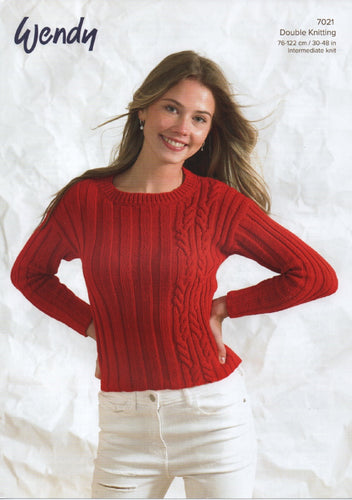 Wendy Ladies Double Knitting Pattern – Cable Knit Sweater (7021)