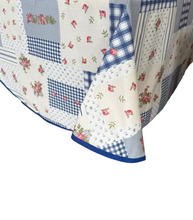 Load image into Gallery viewer, Floral Patchwork & Gingham Round Tablecloth 54” with One Pack of Napkins (Red or Blue)