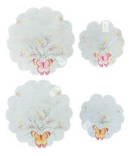 Load image into Gallery viewer, Pack of 6 Embroidered Butterfly Scalloped Edge Doilies (2 Sizes)