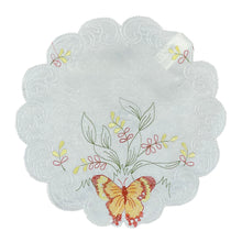 Load image into Gallery viewer, Pack of 6 Embroidered Butterfly Scalloped Edge Doilies (2 Sizes)