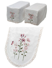 Load image into Gallery viewer, Macrame Arm Caps &amp; Chair Backs with Embroidered Flower Detail &amp; Leaf Style Trim