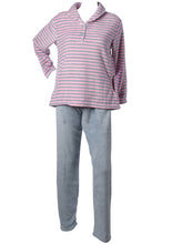 Load image into Gallery viewer, Ladies Fleecy Pyjamas - Long Sleeved Striped Top & Plain Bottoms Pink Small