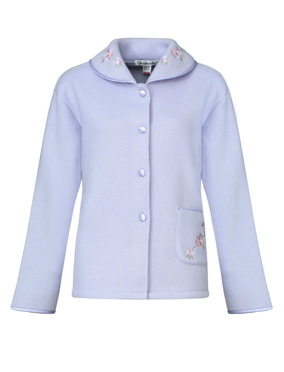Slenderella Polar Fleece Bed Jacket - Embroidered Collar, Button Front, Long Sleeves, Satin Trim (Sizes 10-26)