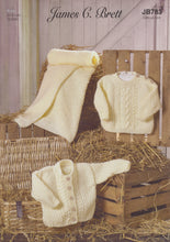 Load image into Gallery viewer, James Brett Aran Knitting Pattern - Baby Sweater Cardigan & Blanket (JB783)