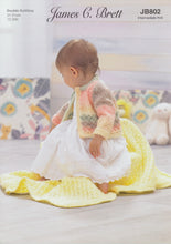Load image into Gallery viewer, James Brett Double Knit Knitting Pattern - Baby Cardigan Blanket &amp; Hat (JB802)
