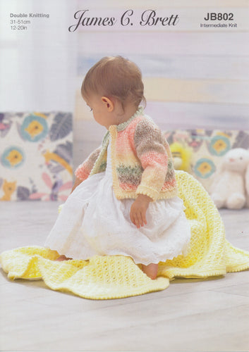 James Brett Double Knit Knitting Pattern - Baby Cardigan Blanket & Hat (JB802)