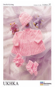 Double Knitting Pattern - UKHKA 37 Baby Coat Bonnet Bootees & Mittens