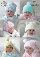 King Cole Chunky Knitting Pattern – Babies Hats Selection 3391