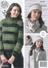 Load image into Gallery viewer, King Cole Urban Knitting Pattern - Sweaters Hat Cowl & Snood (4328)