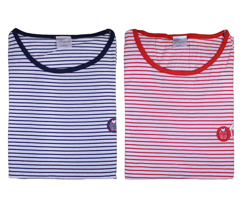 Ladies Striped Cupcake Detail Pyjamas S - XL (Navy Blue or Red)