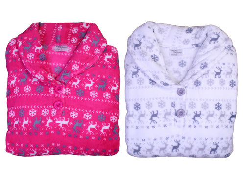 Ladies Soft Fleece Fairisle & Reindeer Pattern Pyjamas (Fuchsia or Silver)