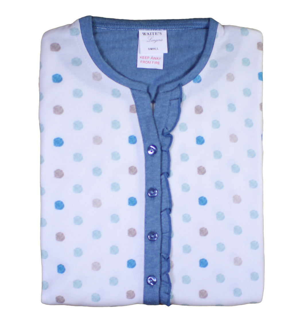 Ladies Polka Dot Pyjamas Set with Frilly Trim S - L (Blue or Rose Pink)