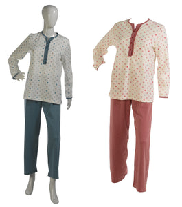 Ladies Polka Dot Pyjamas Set with Frilly Trim S - L (Blue or Rose Pink)