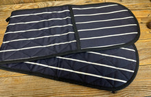 Load image into Gallery viewer, Navy Butchers Stripe Double Oven Glove With Black Trim