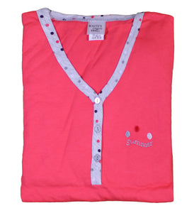 Ladies Nightdress with Polka Dot Trim & Buttons S - L (Blue or Pink)