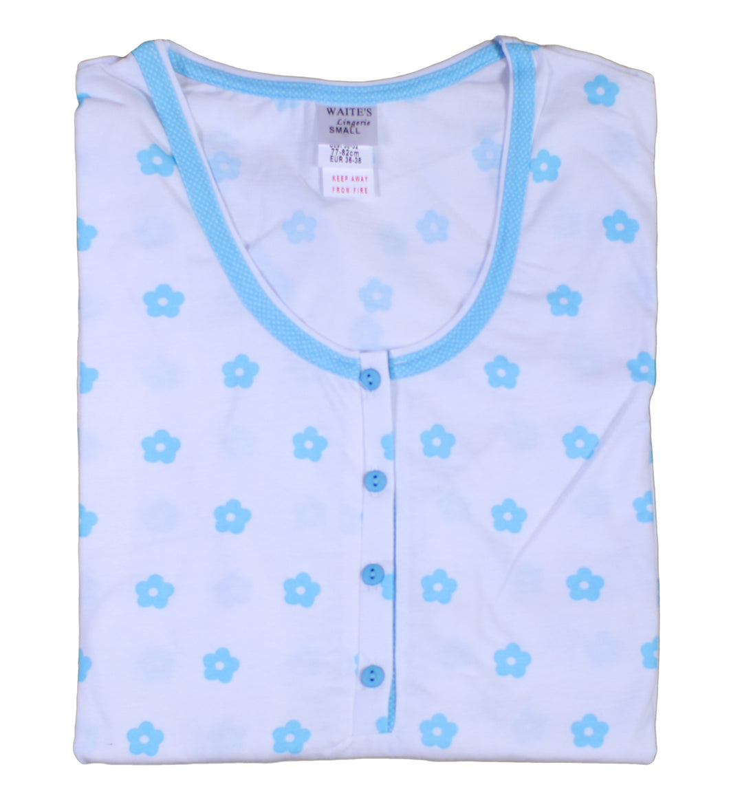 Ladies Flower Nightdress with Polka Dot Trim S - L (Aqua or Red)