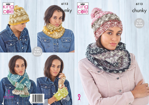 King Cole Womens Chunky Knitting Pattern - Ladies Winter Accessories (6113)