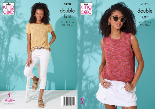 King Cole Double Knitting Pattern - Ladies Short & Sleeveless Tops (6128)