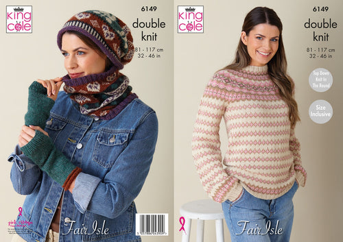 King Cole Double Knitting Pattern Ladies ‘Top Down Knit in the Round’ Fair Isle Sweater 6149