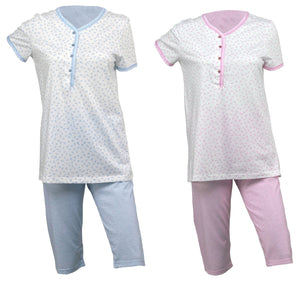 Ladies Jersey Cotton Pyjamas - Floral Top & Checked 3/4 Bottoms (Blue or Pink)