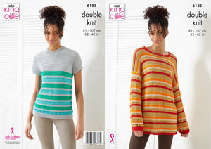 King Cole Double Knit Knitting Pattern - Ladies Sweater & Short Sleeve Top (6185)