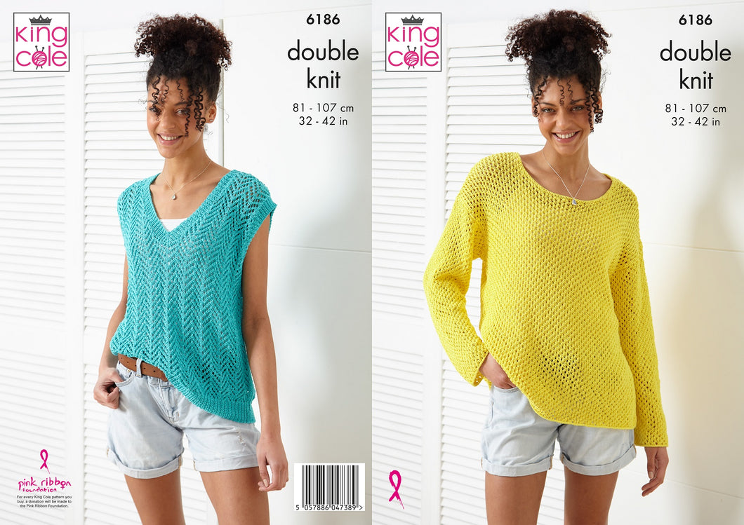 King Cole Double Knit Knitting Pattern - Ladies Sweater & Tank Top (6186)