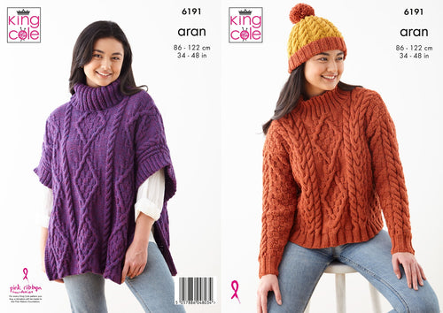 King Cole Knitting Pattern Ladies Aran Cable Knit Sweater, Hat & Cape 6191