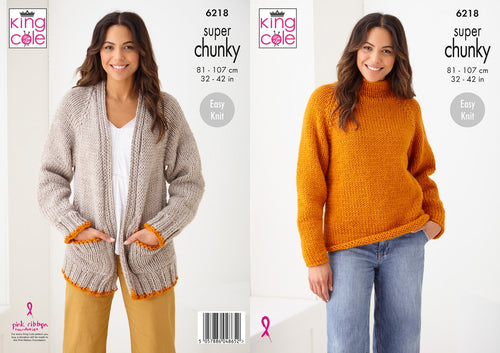 King Cole Easy Knit Knitting Pattern Super Chunky Sweater & Cardigan (6218)