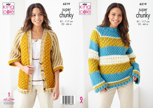 King Cole Knitting Pattern Super Chunky Sweater & ¾ Sleeve Cardigan (6219)