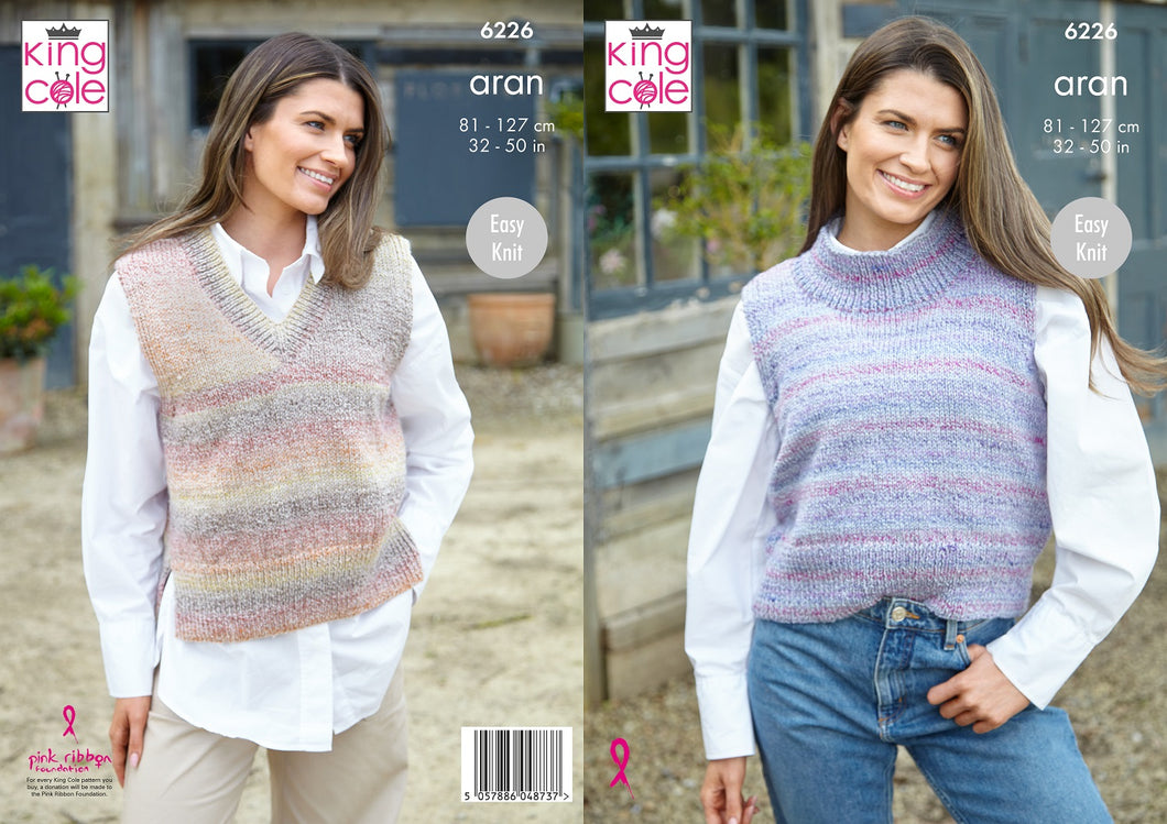 King Cole Aran Knitting Pattern Women’s Roll or V-Neck Vests 6226