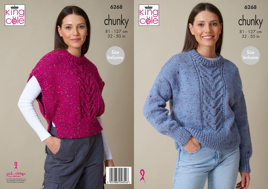 King Cole Knitting Pattern Chunky Knit Cable Slip Over & Sweater (6268)