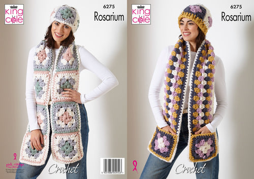 King Cole Chunky Crochet Pattern Granny Square Hat & Scarf Accessories (6275)