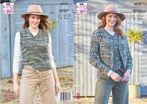 King Cole Ladies Knitting Pattern Aran Cardigan & Tank Top (6310)