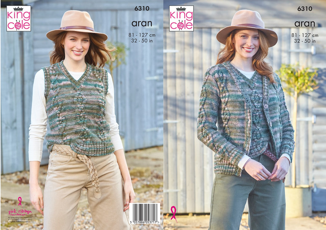 King Cole Ladies Knitting Pattern Aran Cardigan & Tank Top (6310)