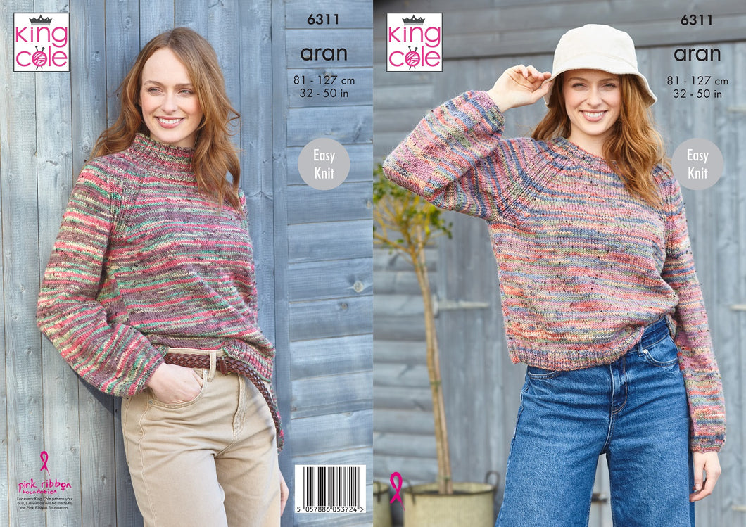 King Cole Ladies Knitting Pattern Aran Sweaters in 2 Styles (6311)