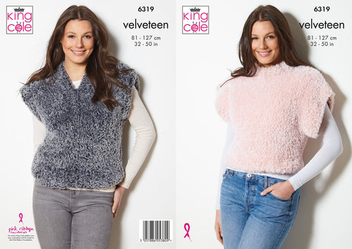 King Cole Knitting Pattern Ladies Velveteen Round or V-Neck Slip Overs (6319)